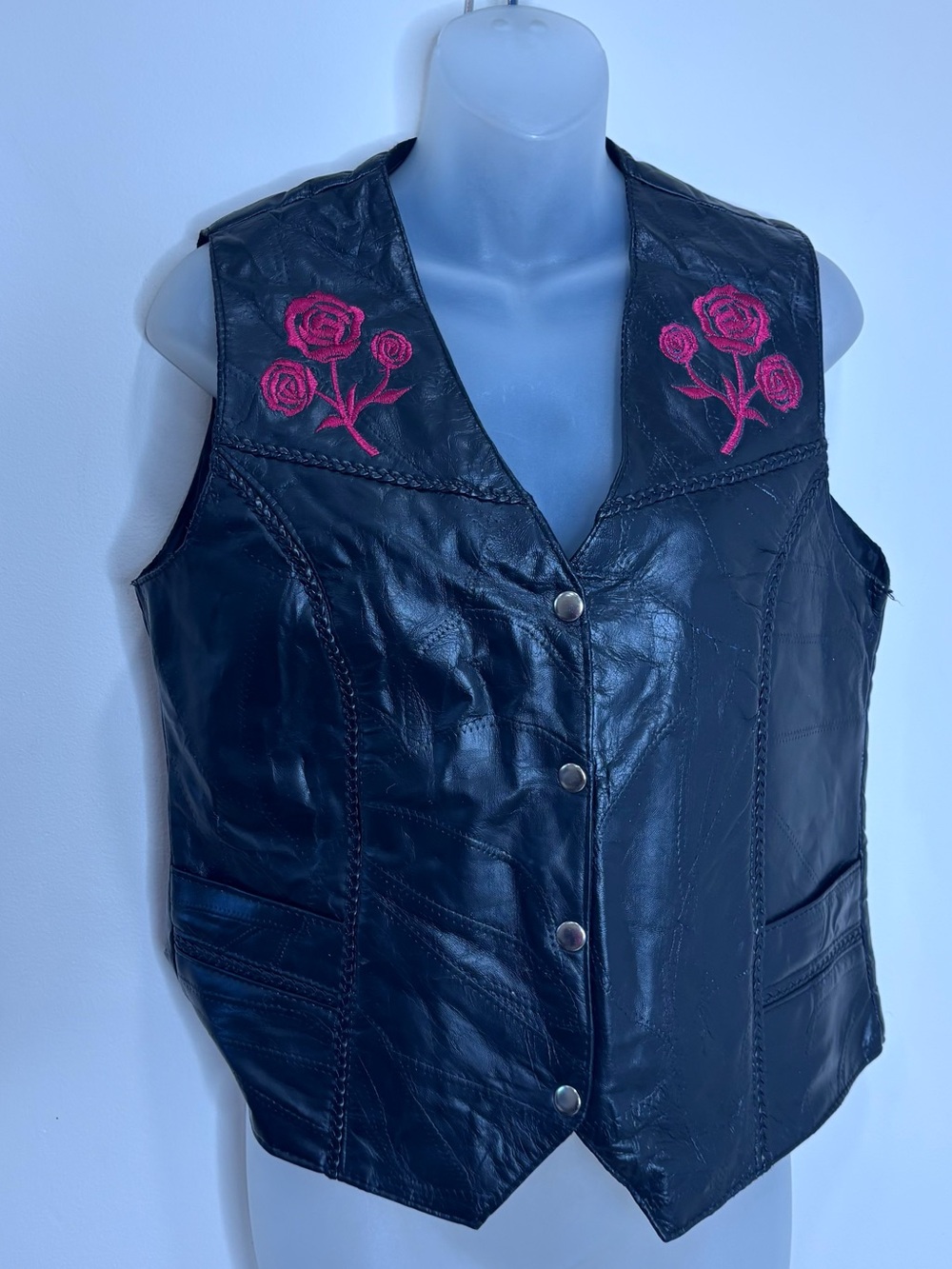 Diamond Plate 100% Buffalo Leather Vest Pink Rose Embroidery Biker small goth